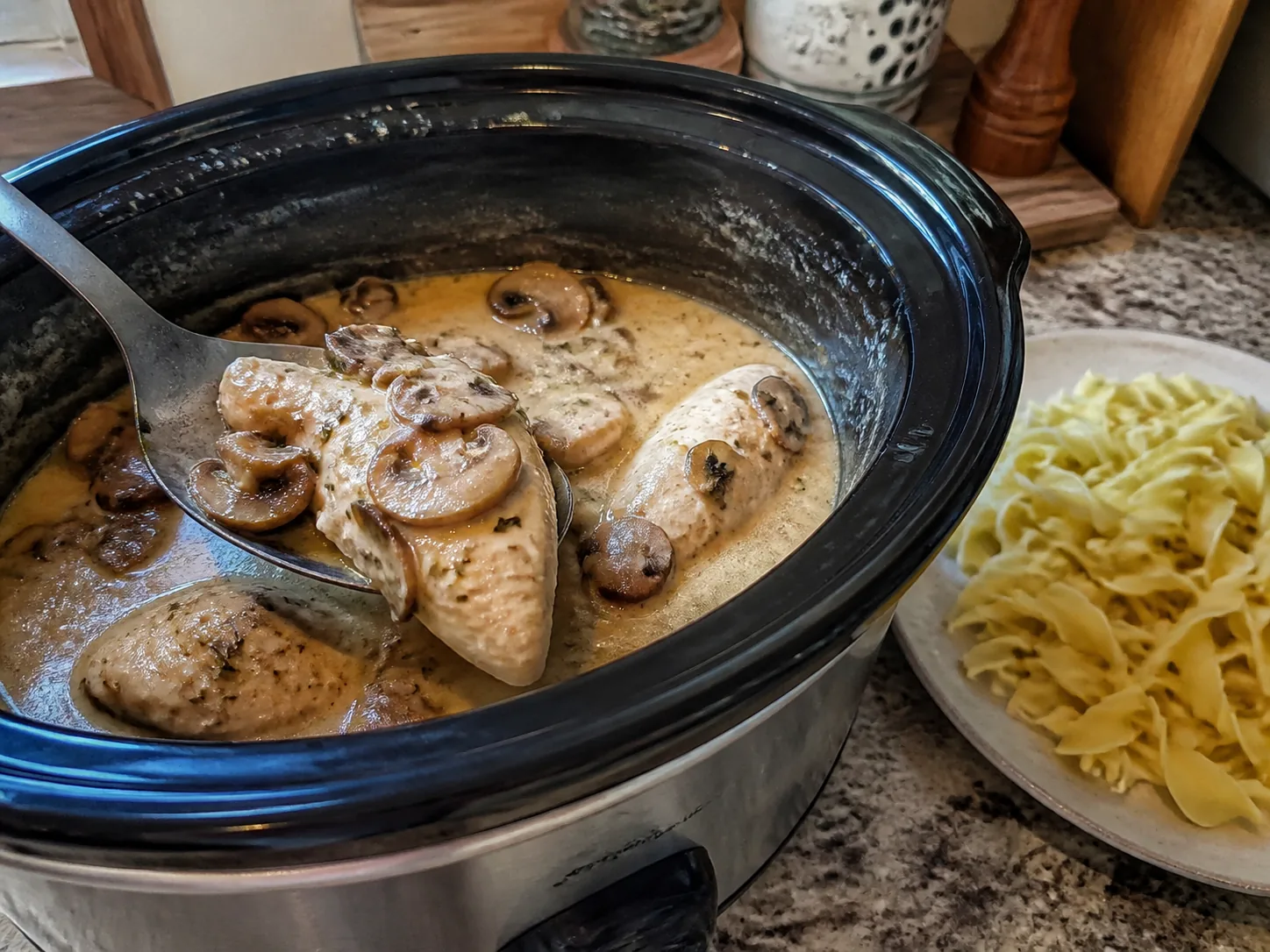 Creamy mushroom thyme crockpot chicken breast
