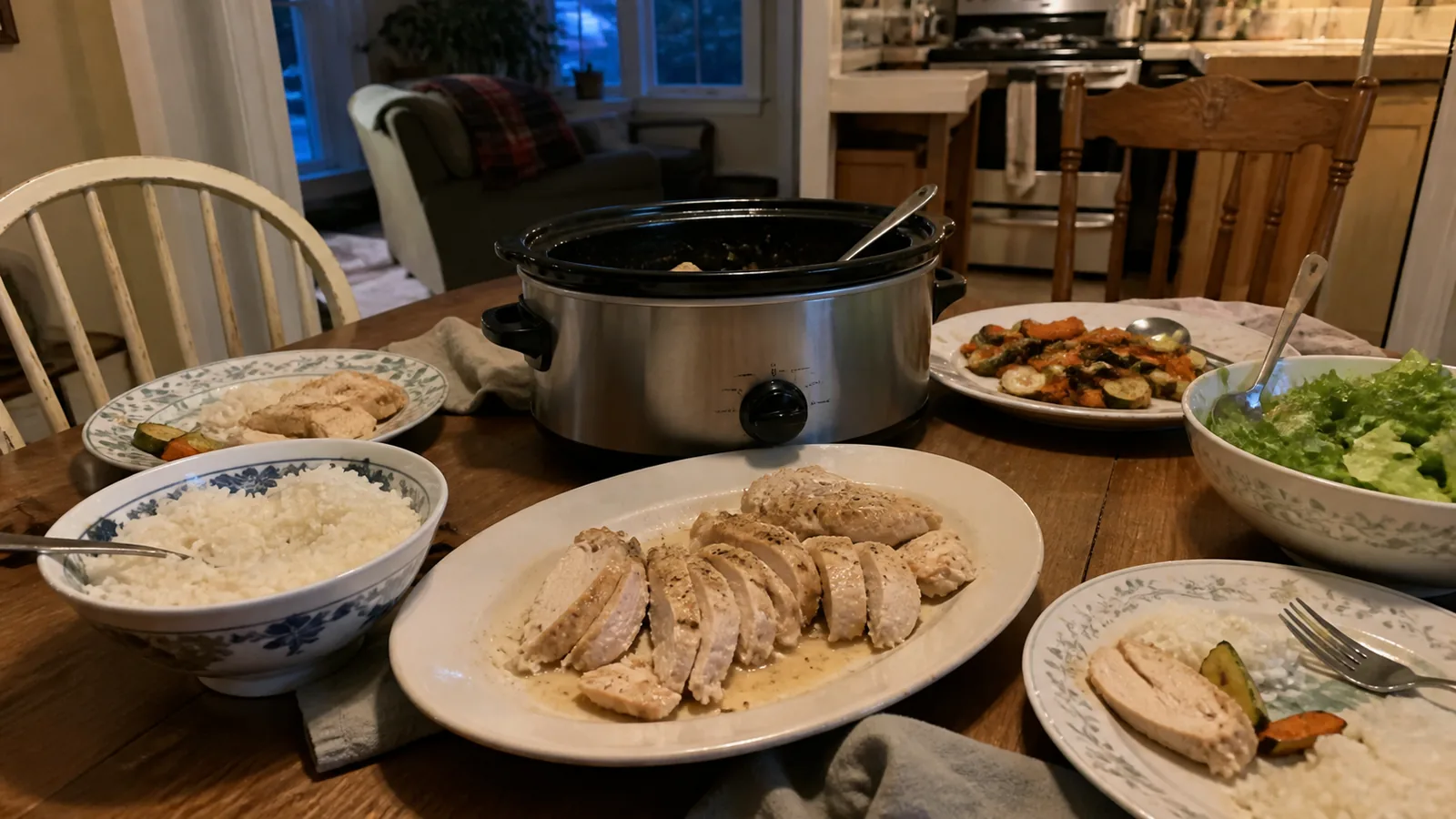 Family-style crockpot chicken breast dinner