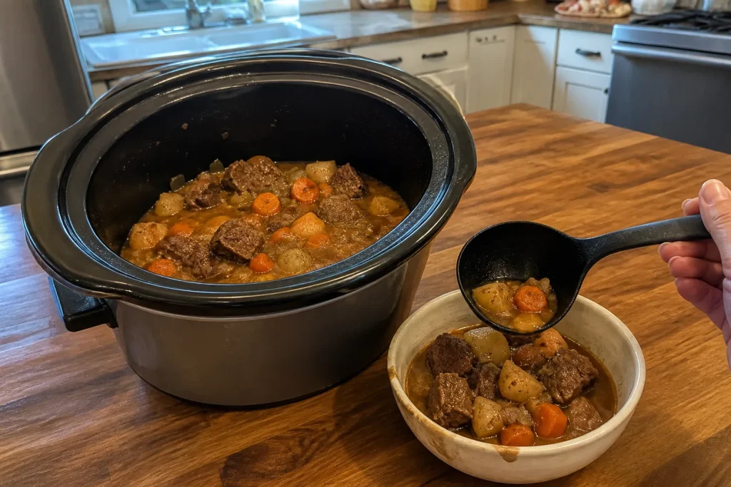 Slow cooker beef stew with potatoes, carrots, and onions being ladled into a bowl.