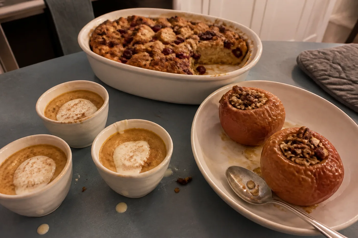 Pumpkin pudding, baked apples, and pumpkin cranberry bread pudding for a slow-cooker Thanksgiving dessert table.