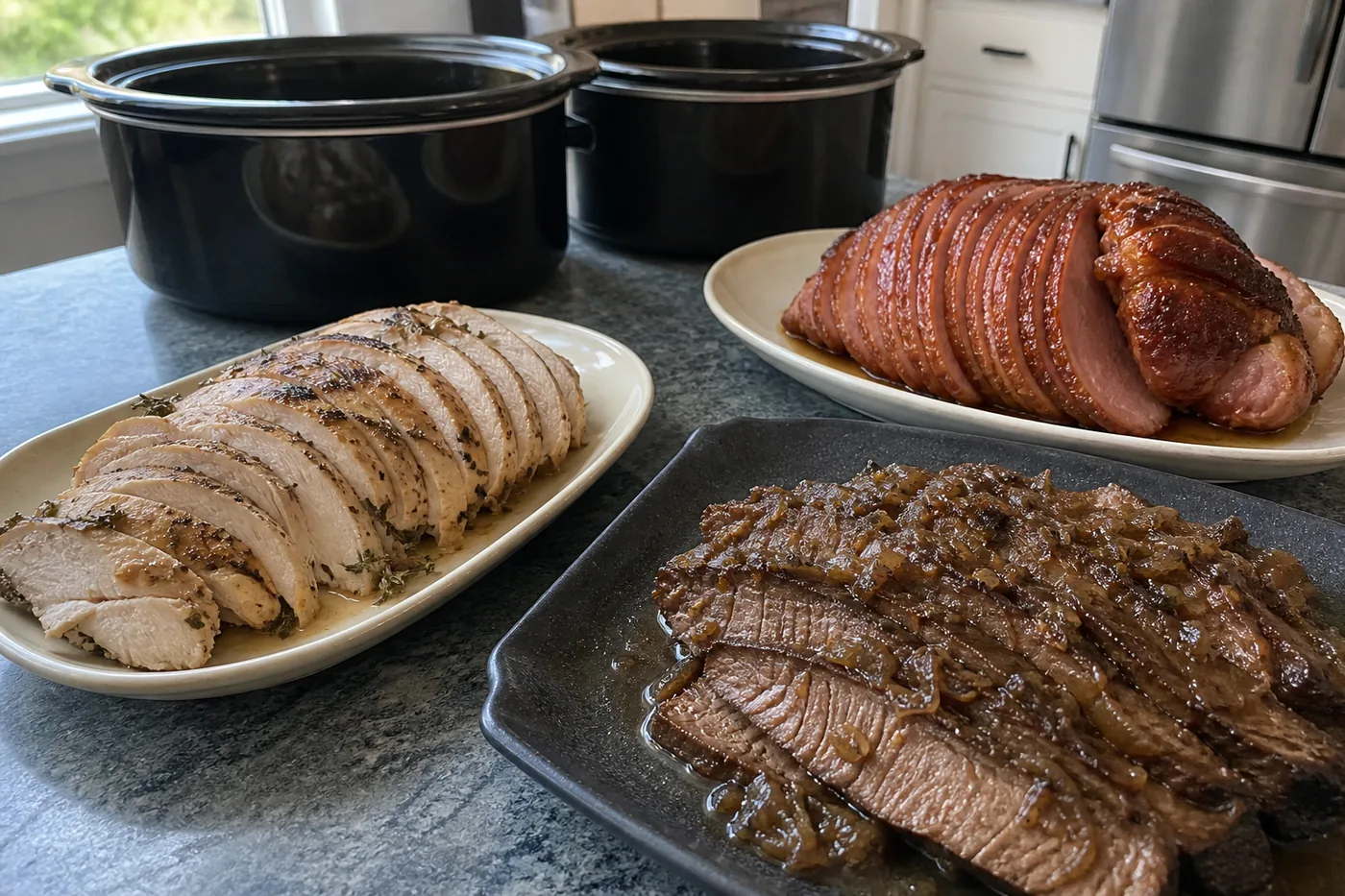 Slow-cooker turkey breast, glazed spiral ham, and braised brisket for Thanksgiving dinner.