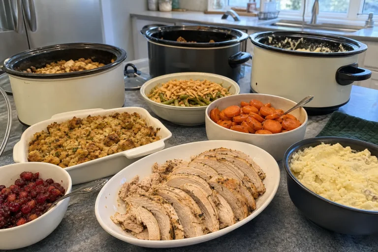 Crockpot Thanksgiving dinner with turkey breast, stuffing, mashed potatoes, green beans, carrots, and cranberry chutney.