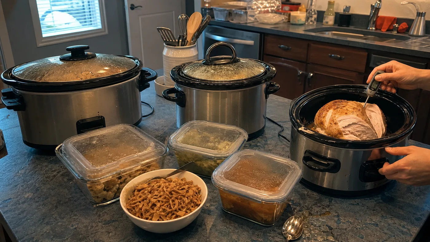 Three slow cookers, prepared ingredients, and a food thermometer arranged for Thanksgiving meal timing.