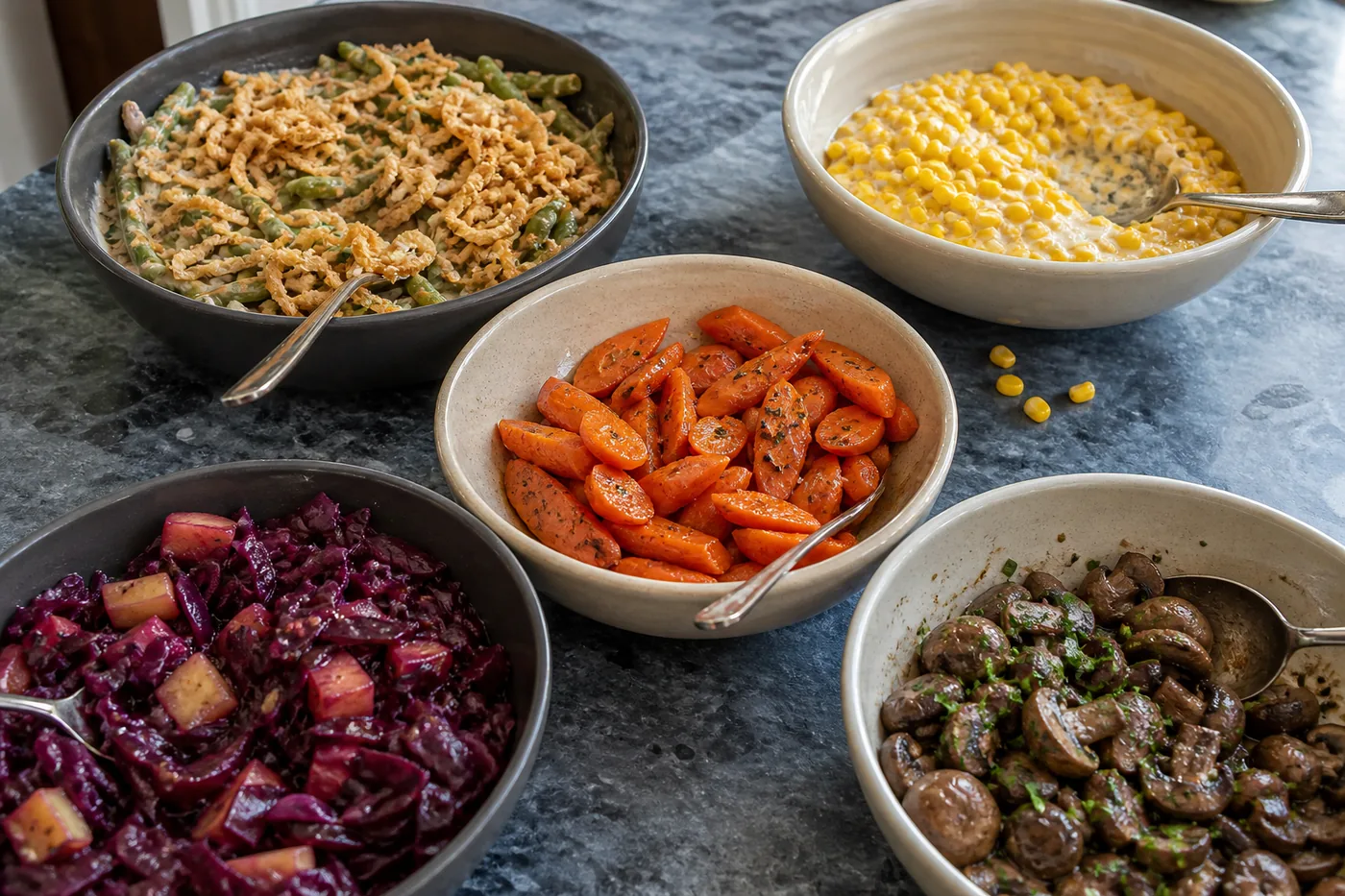 Green bean casserole, creamed corn, glazed carrots, red cabbage, and garlic mushrooms for Thanksgiving.