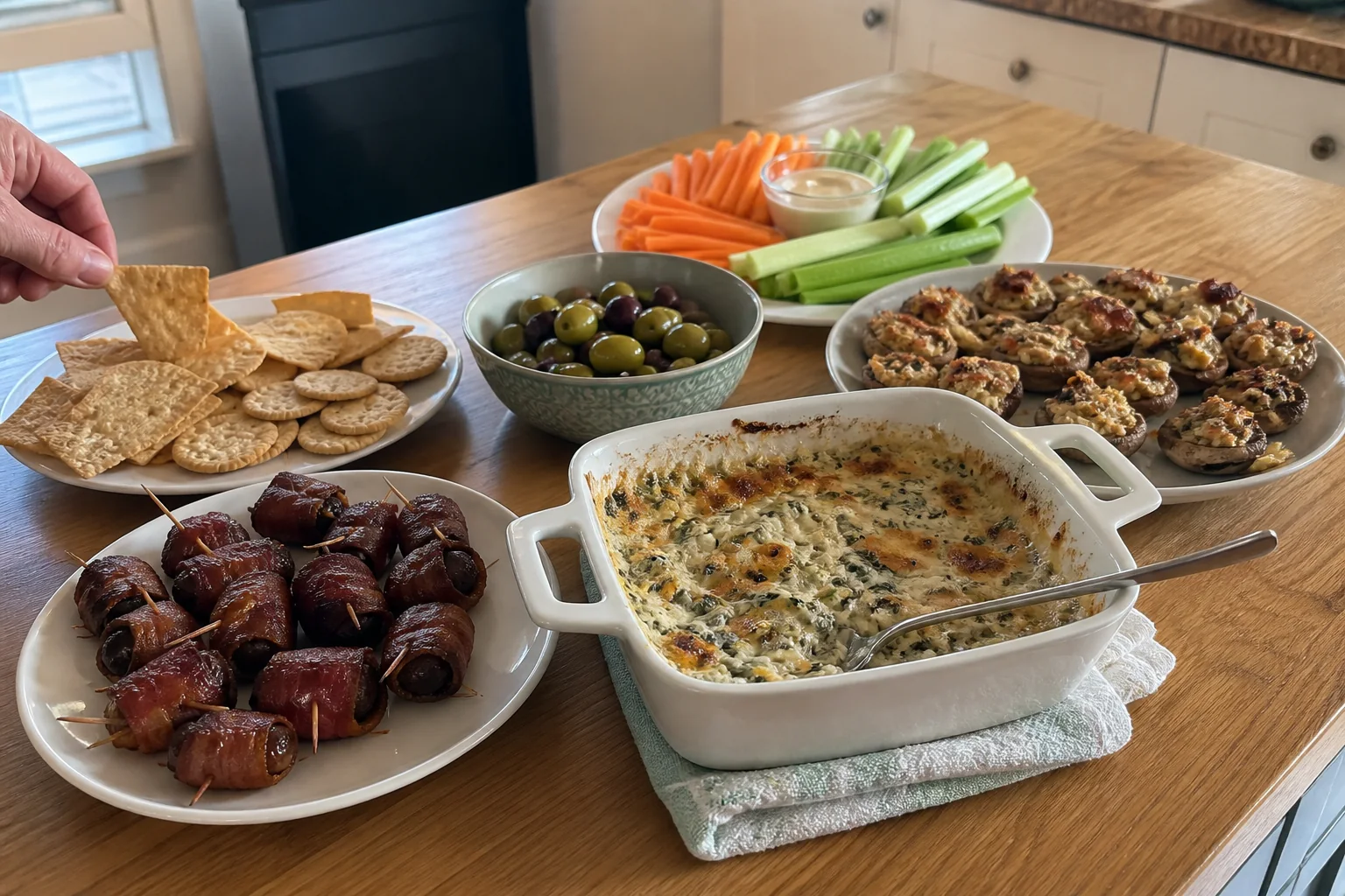 Christmas appetizer board with spinach artichoke dip, stuffed mushrooms, bacon-wrapped dates, crackers, and vegetables.