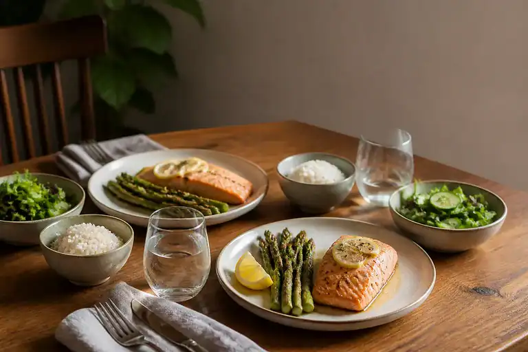 Table for two with lemon garlic salmon, asparagus, rice, salad, and two water glasses.