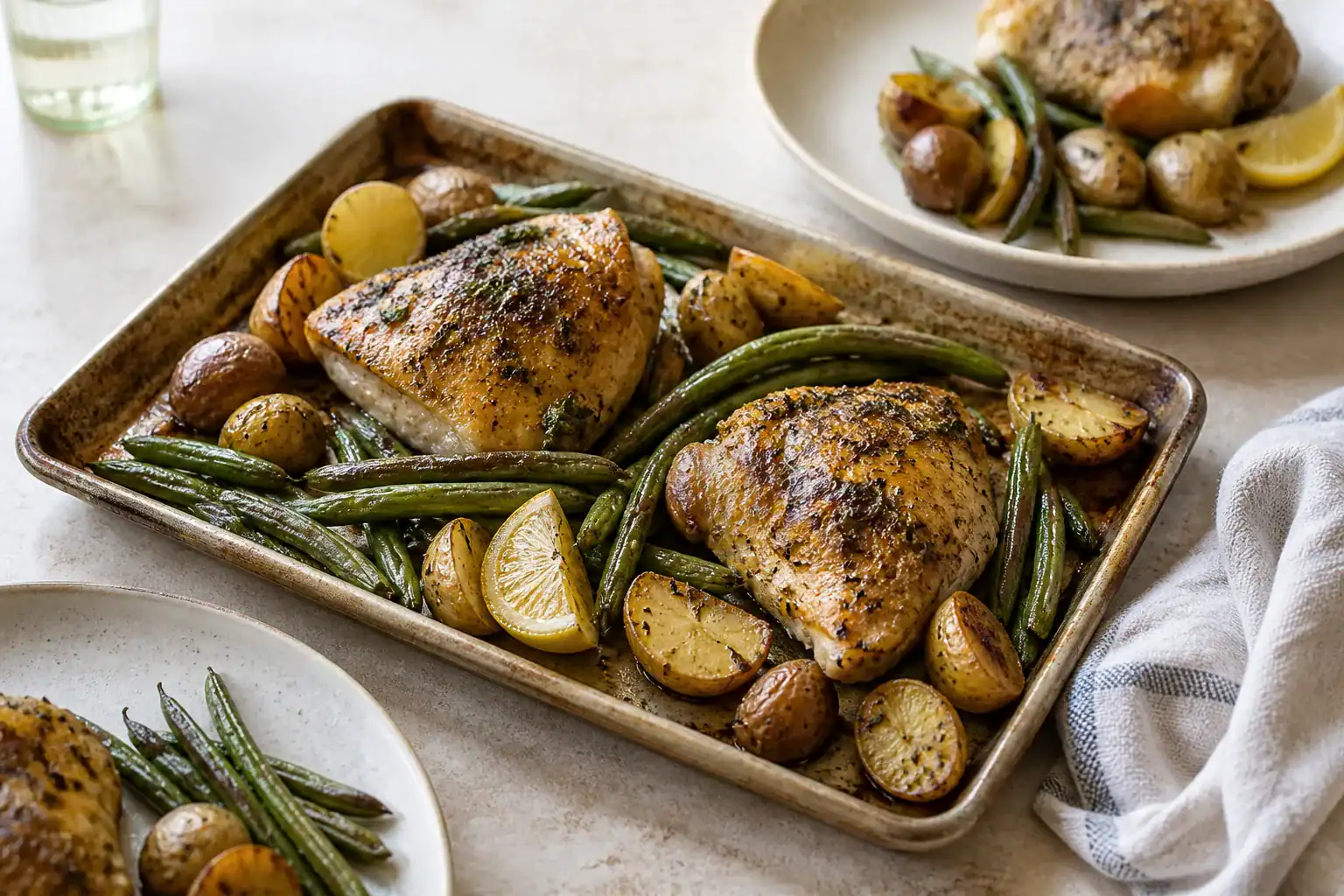 Small sheet pan with two herb chicken thighs, baby potatoes, green beans, and lemon.