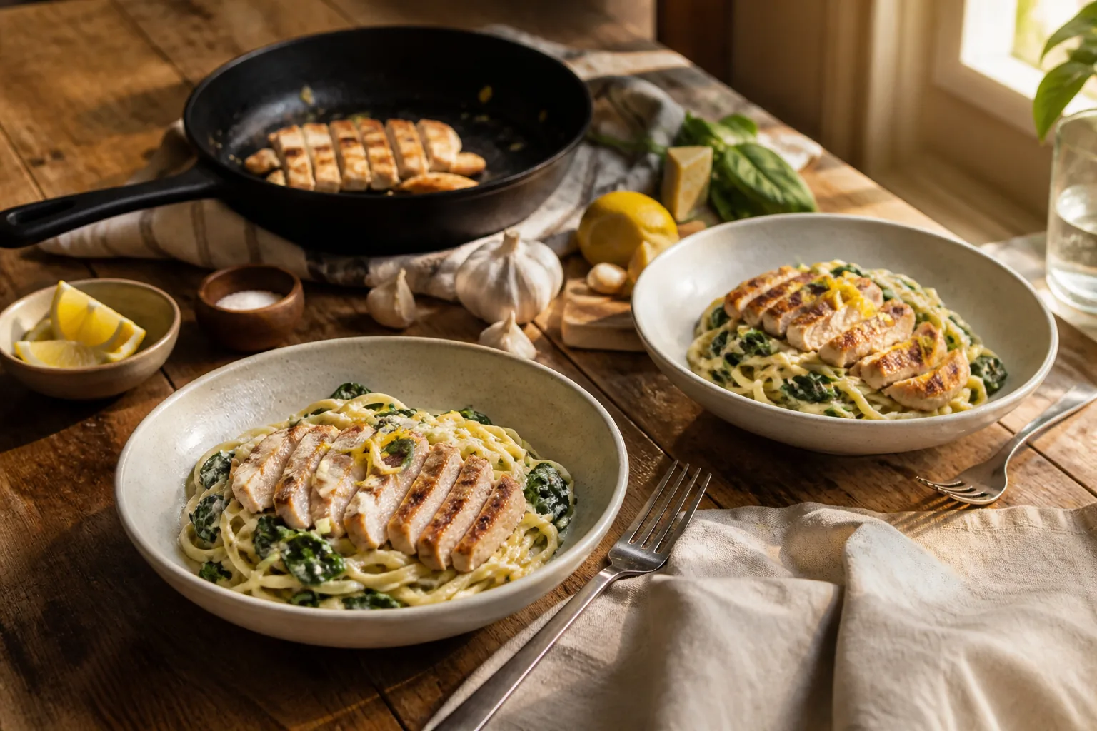 Two bowls of creamy lemon spinach pasta with grilled chicken and a small skillet.