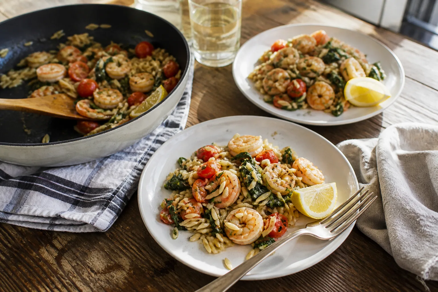 Two plates of garlic shrimp orzo with cherry tomatoes, spinach, and lemon served from a small skillet.