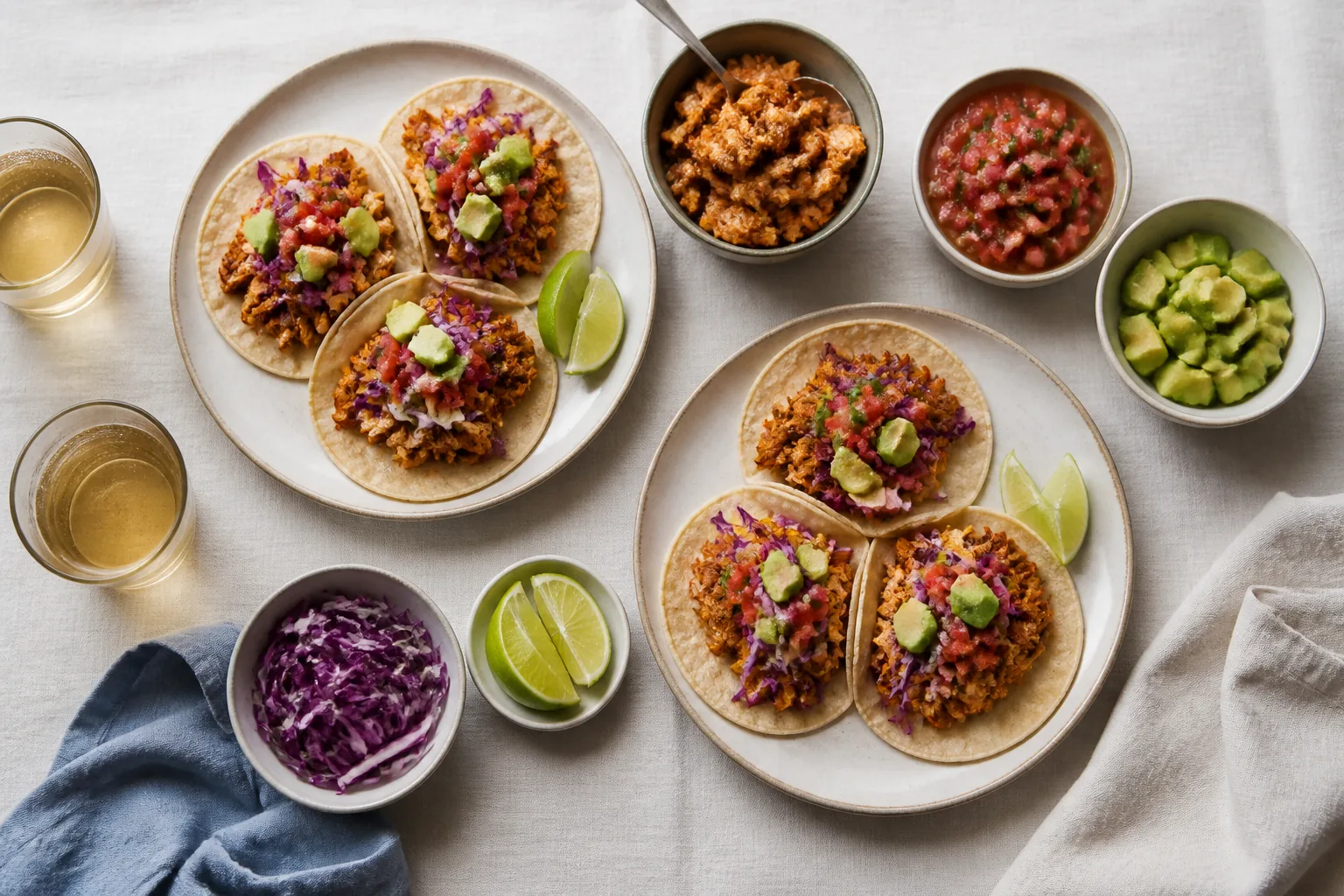 Two plates of chicken tacos with salsa, avocado, cabbage, lime, and compact topping bowls.