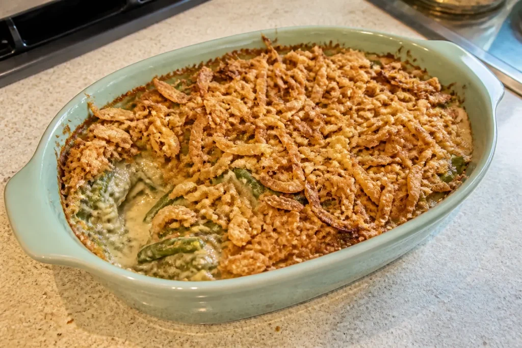 Easy green bean casserole with creamy green beans and a golden crispy fried onion topping.