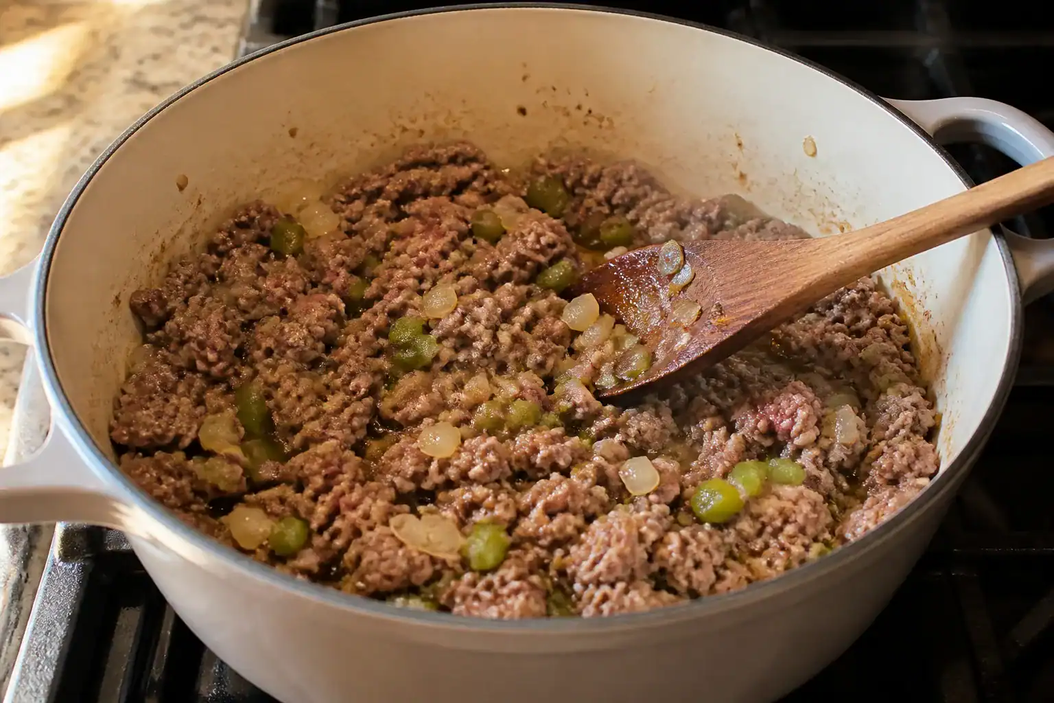 Ground beef browning with diced onion and green bell pepper in a Dutch oven.