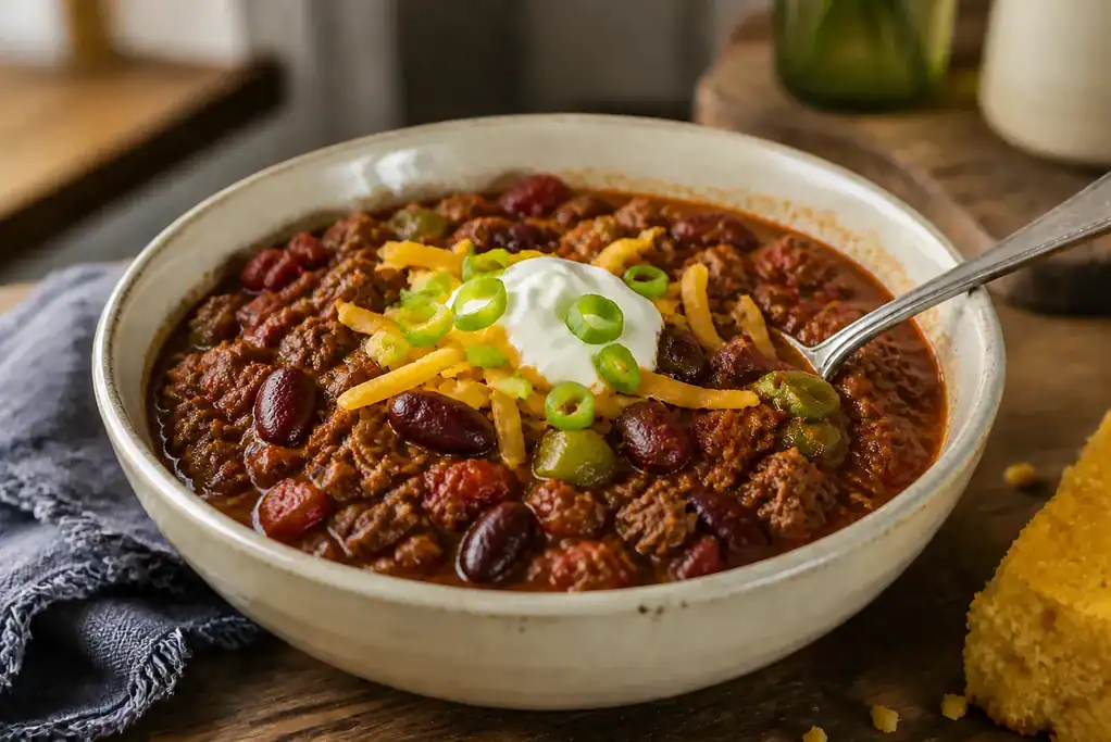 Thick stovetop ground beef chili with kidney beans, tomatoes, green pepper, cheddar, sour cream, and green onion.