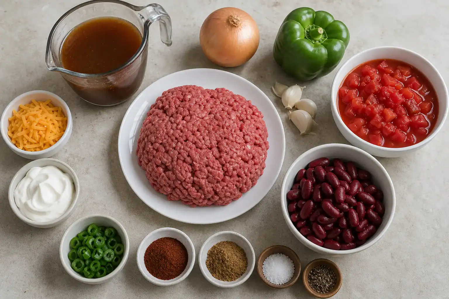 Ground beef, kidney beans, tomatoes, onion, green bell pepper, garlic, broth, chili powder, cumin, and toppings.
