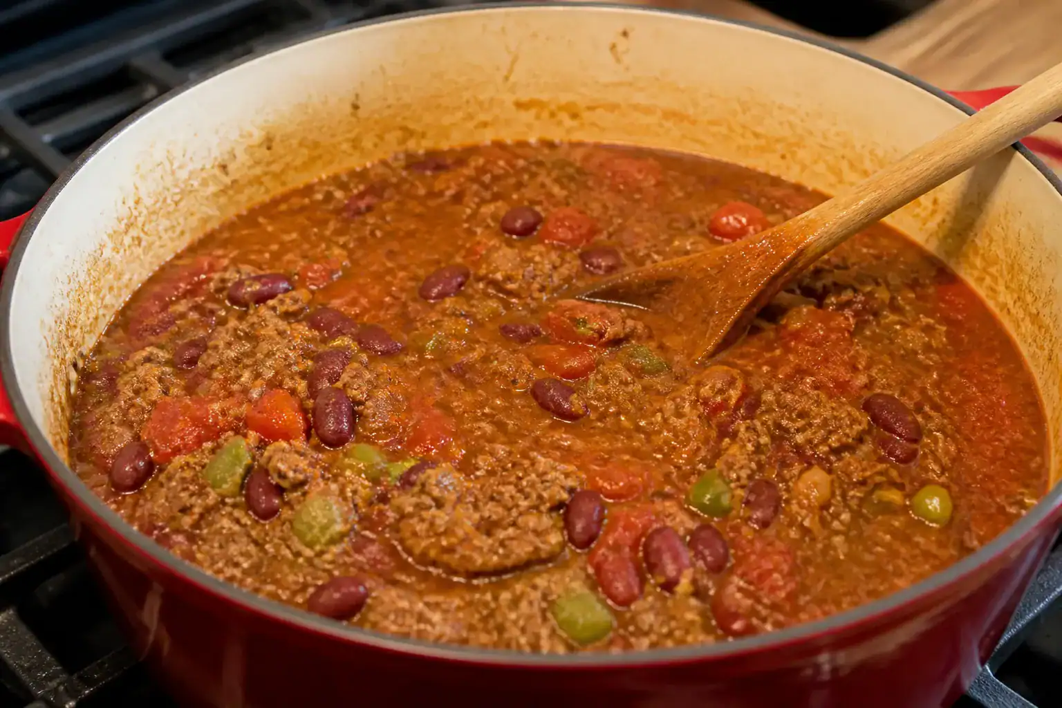 Ground beef, kidney beans, tomatoes, green pepper, broth, and spices simmering in a Dutch oven.