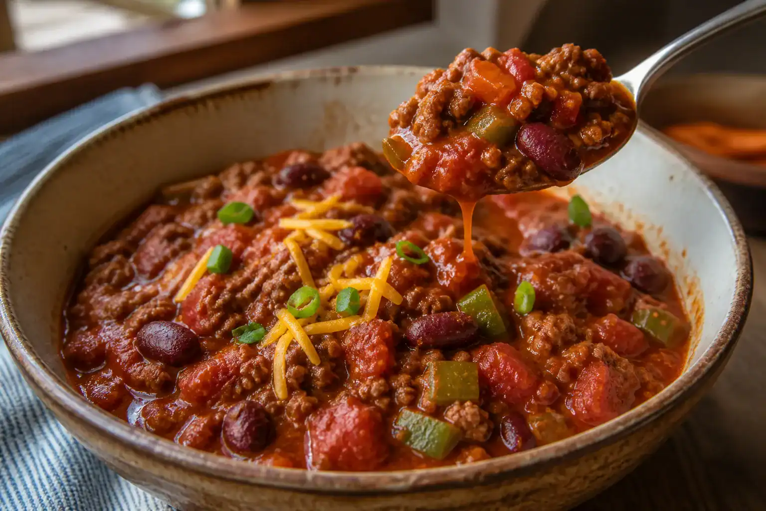Spoonful of thick ground beef chili with kidney beans, tomatoes, and green bell pepper.