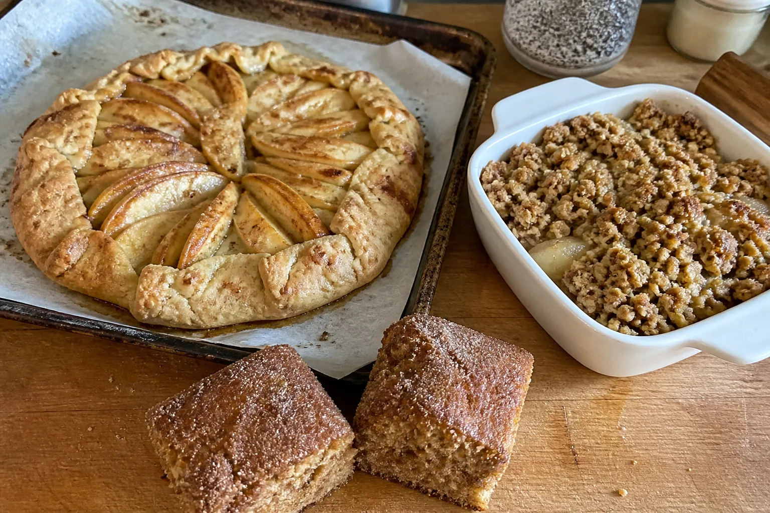 Rustic apple galette, pear crumble, and apple cider snack cake on a home kitchen work surface.