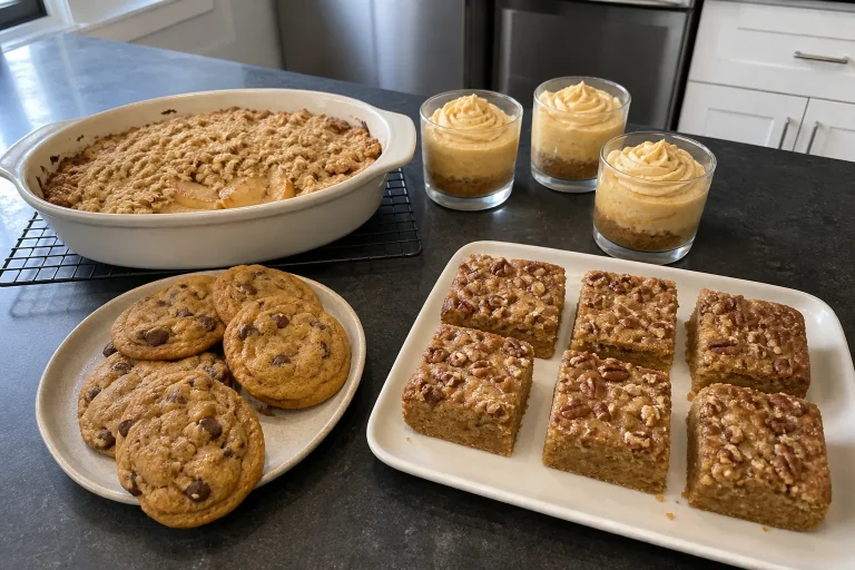 Homemade fall dessert spread with apple crisp, pumpkin cookies, maple pecan blondies, and pumpkin cheesecake cups.