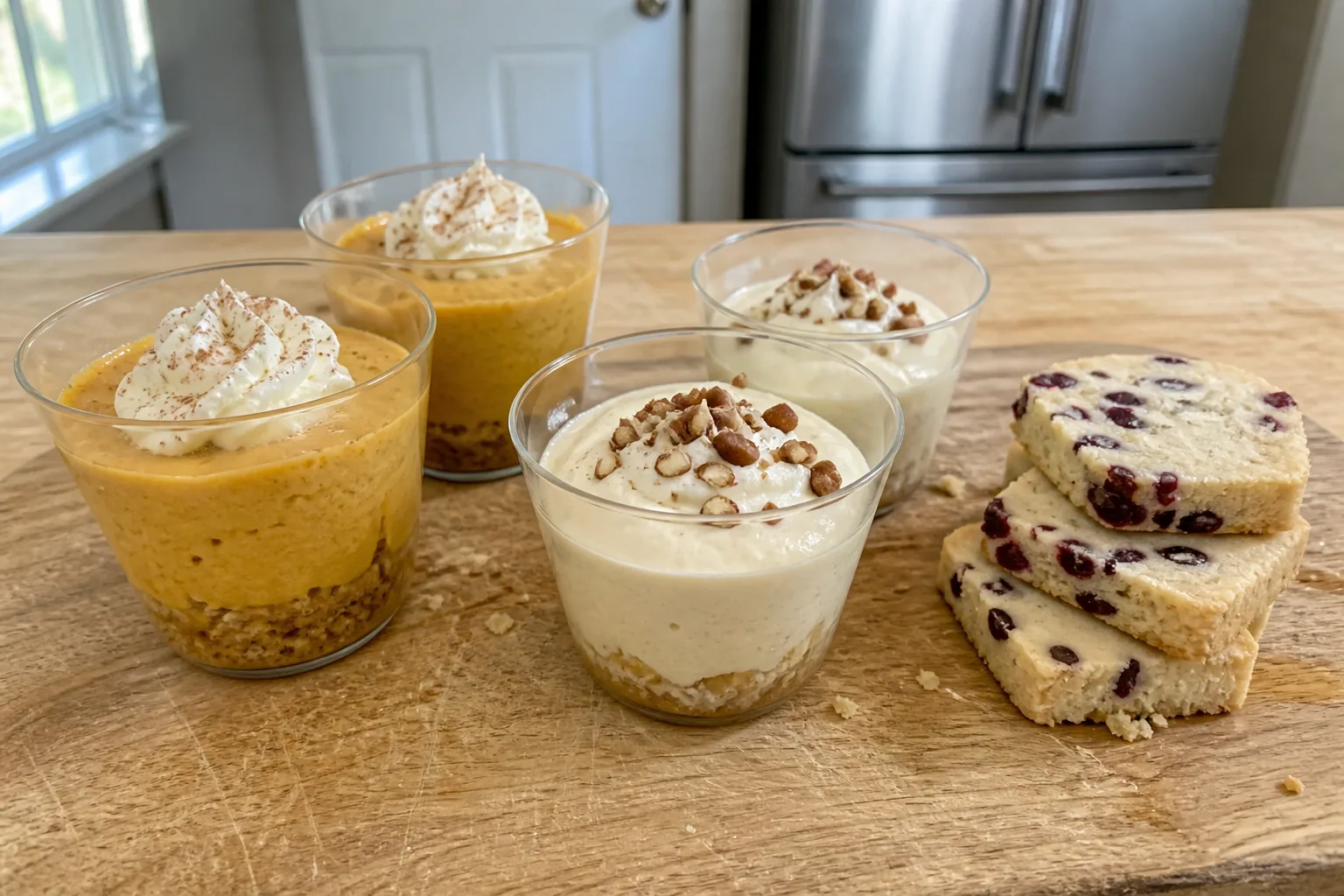 Pumpkin cheesecake cups, maple mousse cups, and cranberry orange shortbread prepared ahead for fall.