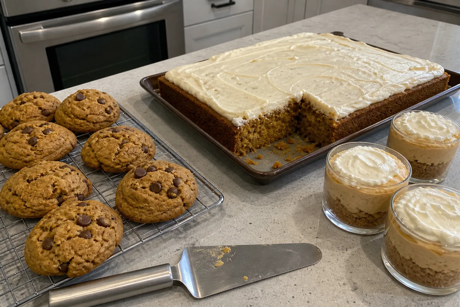 Pumpkin chocolate chip cookies, pumpkin sheet cake, and no-bake pumpkin cheesecake cups.