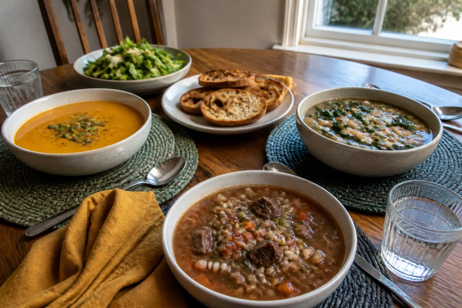 Pumpkin, white bean kale, and beef barley soups served with toast and a green salad.
