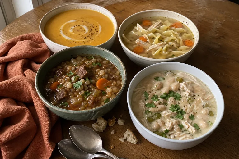 Four cozy fall soups including butternut squash, chicken noodle, beef barley, and white chicken chili.
