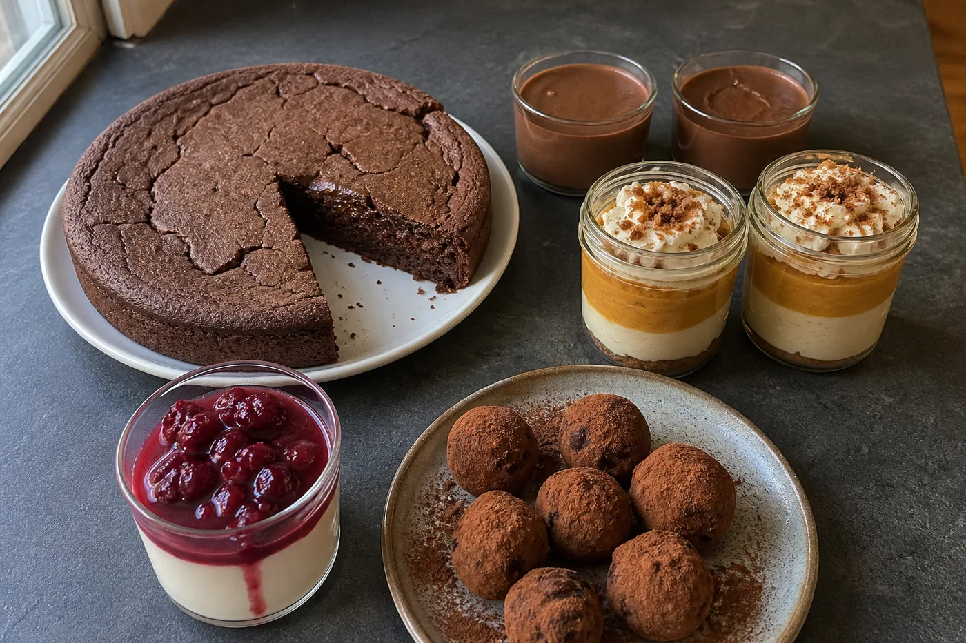 Flourless chocolate cake, chocolate pots de creme, pumpkin cheesecake jars, cranberry panna cotta, and chocolate peanut butter truffles.