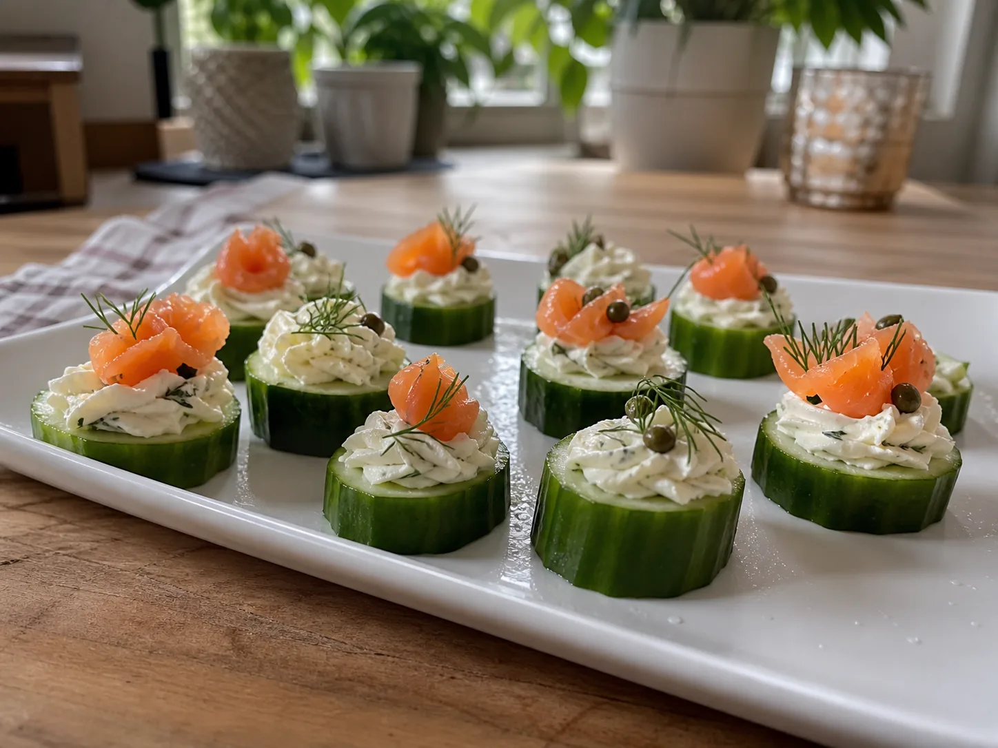 Cucumber rounds topped with herb cream cheese, smoked salmon, dill, and capers.