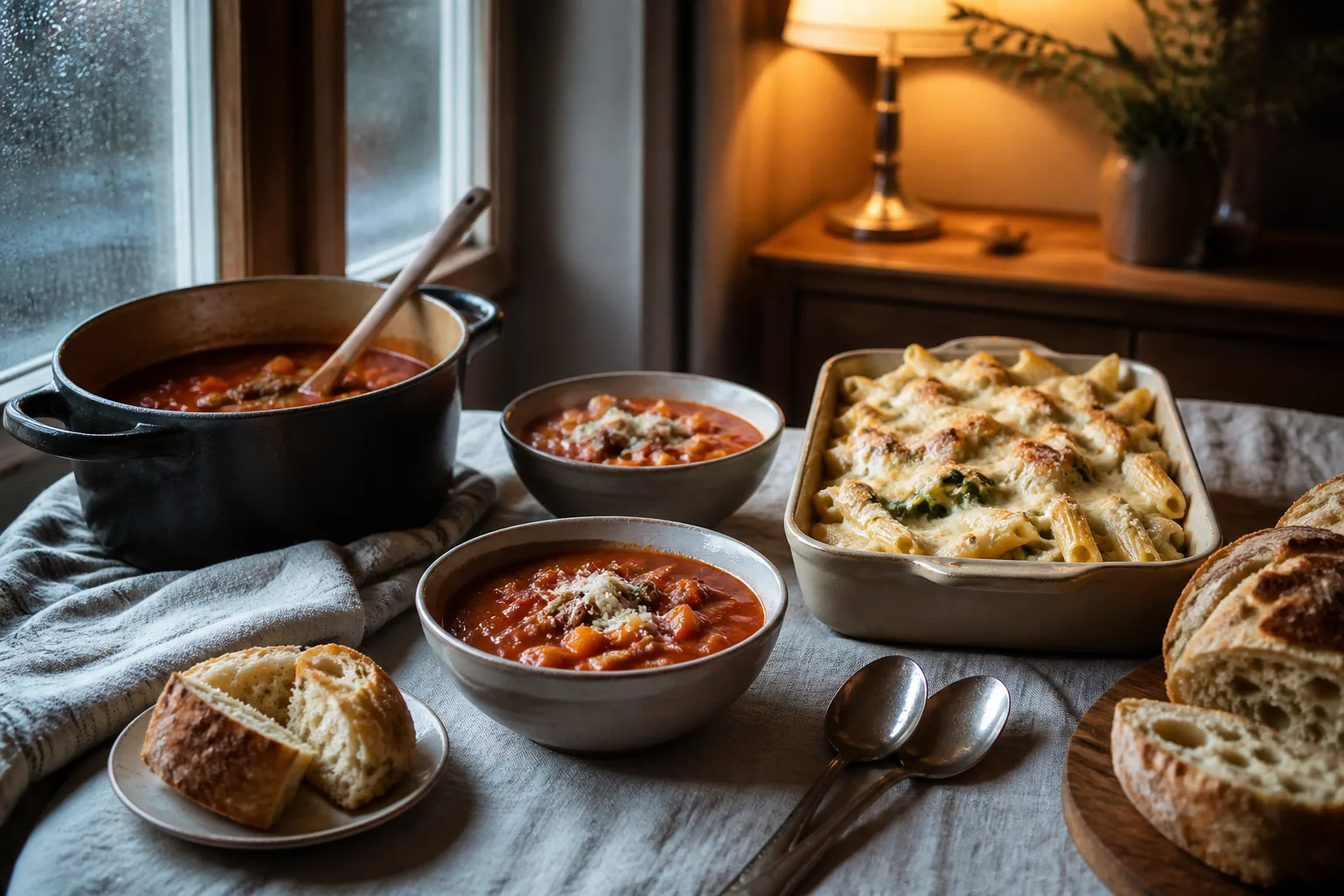 Tomato beef soup and creamy baked pasta served with crusty bread on a rainy evening.