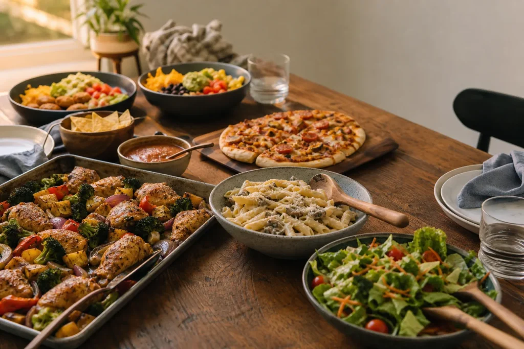 Relaxed Friday dinner spread with sheet-pan chicken, pizza, taco bowls, creamy pasta, and salad.