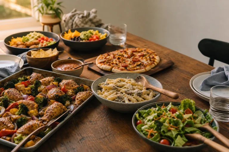 Relaxed Friday dinner spread with sheet-pan chicken, pizza, taco bowls, creamy pasta, and salad.