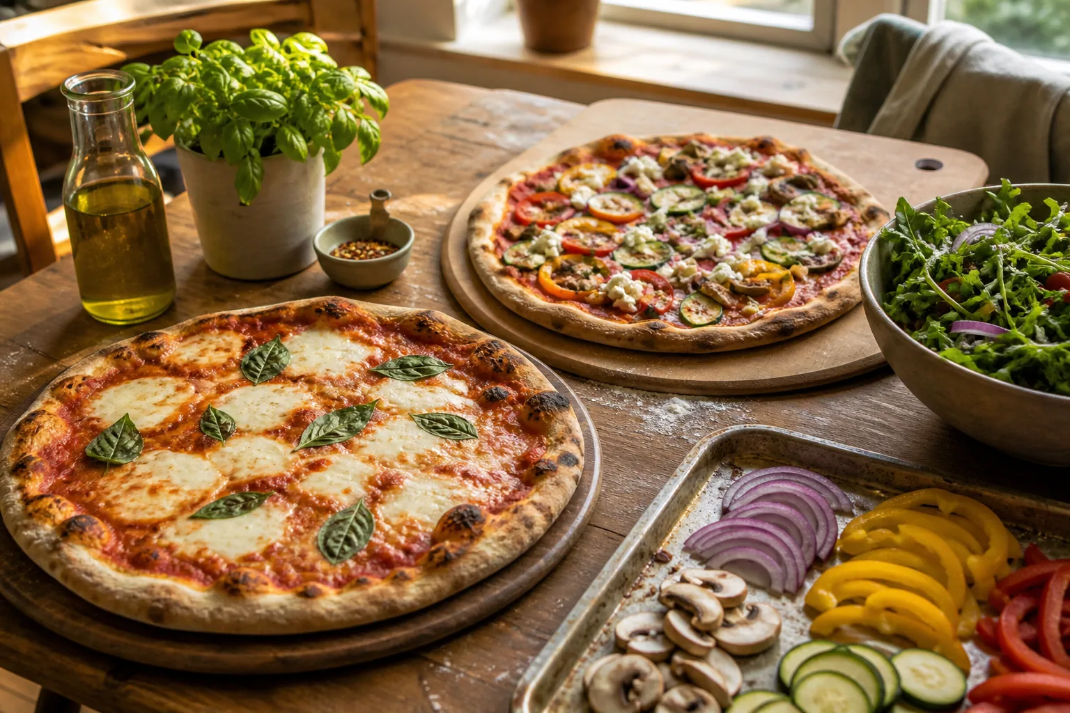 Homemade margherita and vegetable pizzas with sliced toppings and a casual salad.