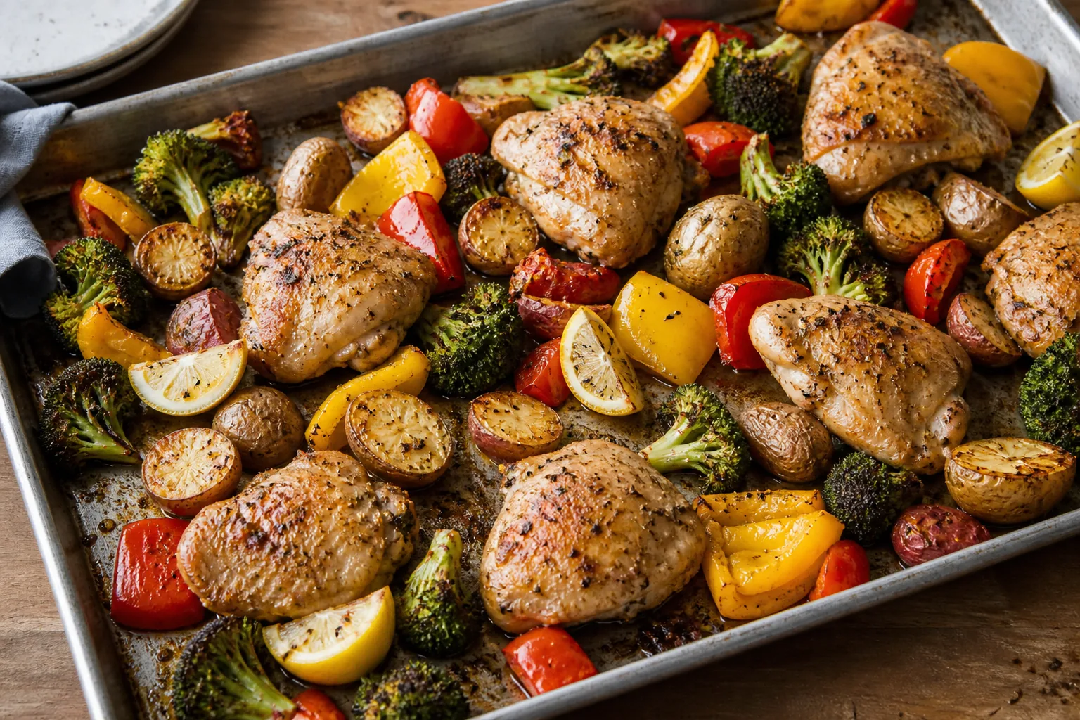 Sheet-pan chicken thighs with baby potatoes, broccoli, bell peppers, and lemon.