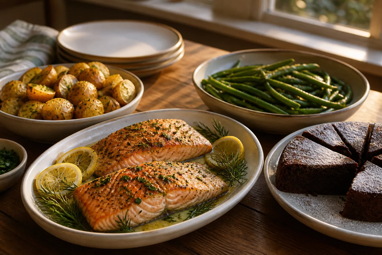 Two salmon fillets with lemon herb potatoes, green beans, and chocolate dessert served family-style.