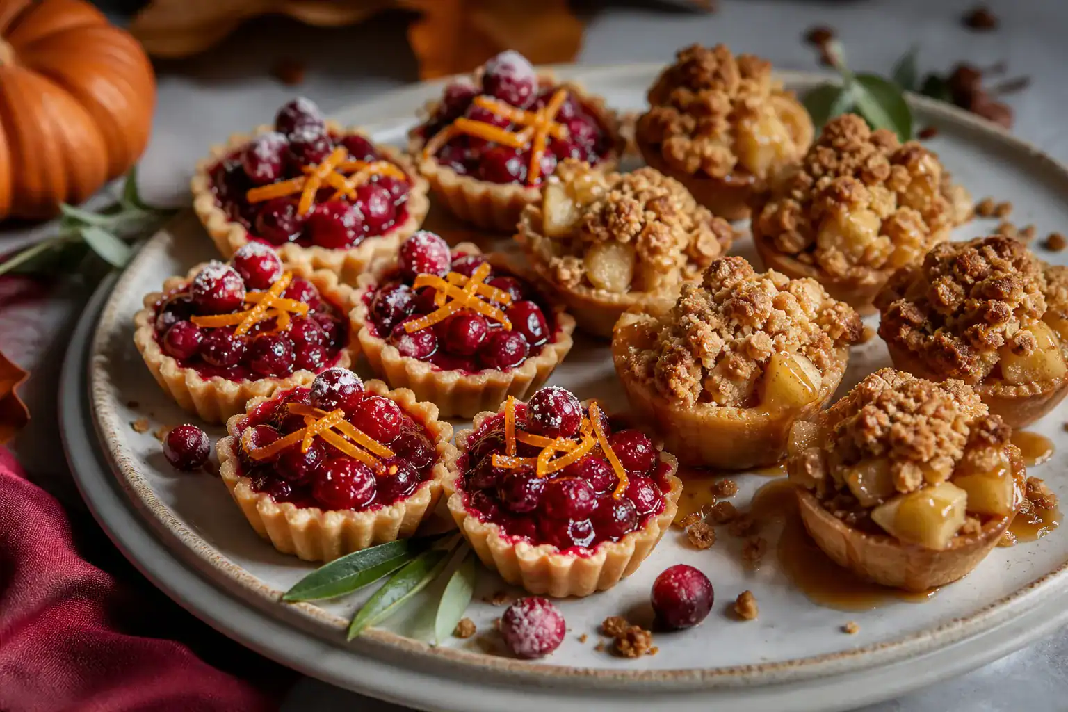 Cranberry orange tartlets and apple crumble cups on a Thanksgiving dessert platter.
