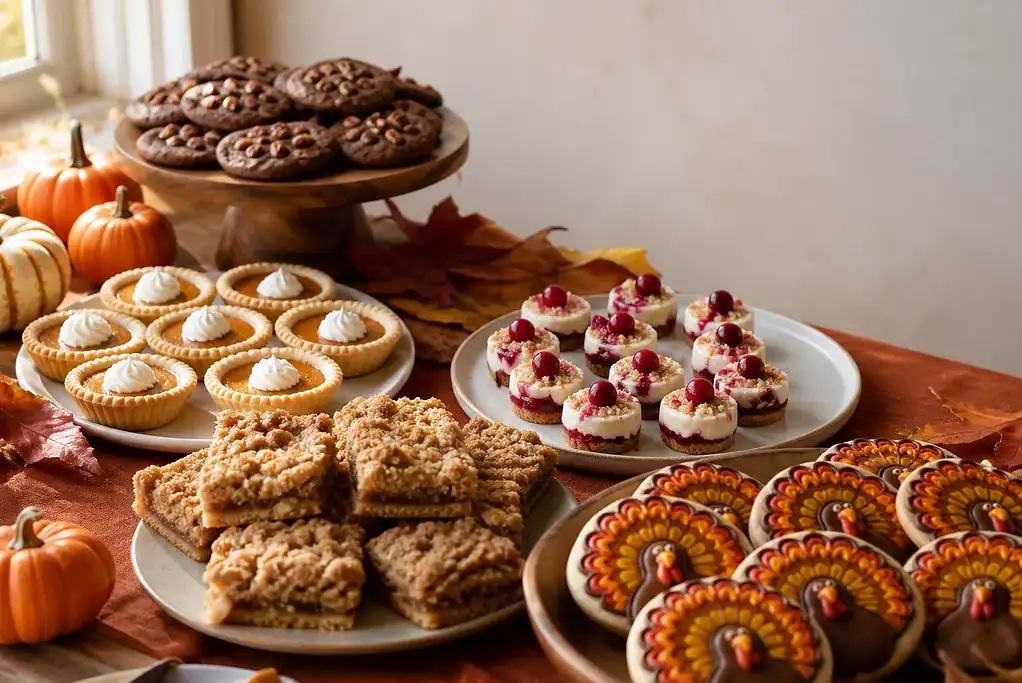 Thanksgiving dessert table with mini pumpkin pies, apple crumble bars, cranberry cheesecake bites, chocolate pecan cookies, and turkey cookies.