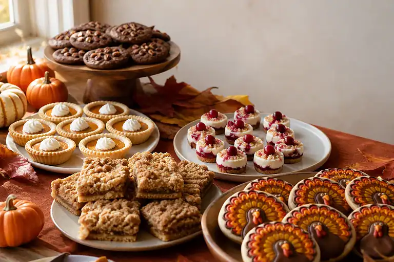 Thanksgiving dessert table with mini pumpkin pies, apple crumble bars, cranberry cheesecake bites, chocolate pecan cookies, and turkey cookies.