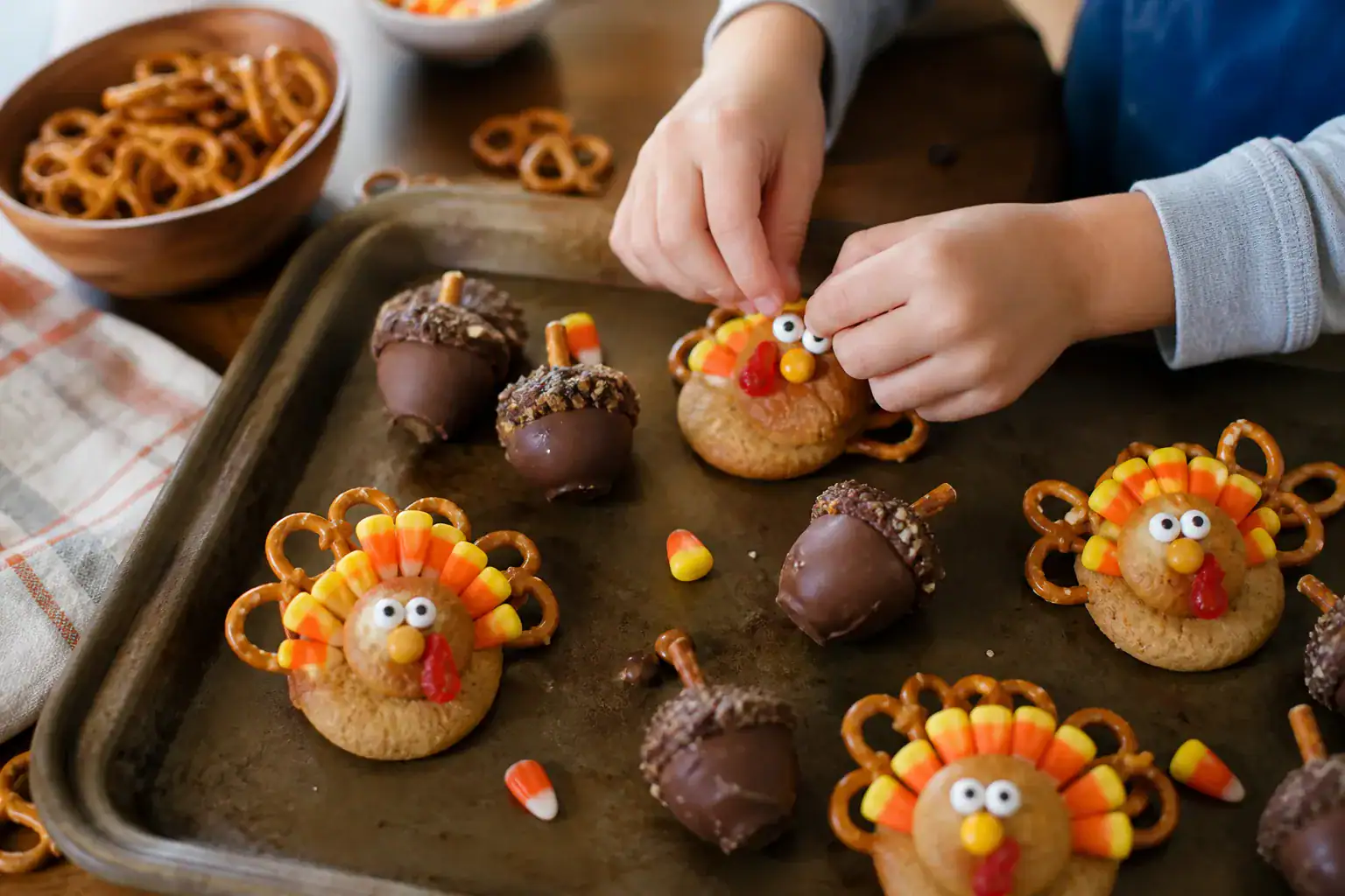 Children decorating turkey-shaped cookies and chocolate acorn treats on a baking tray.
