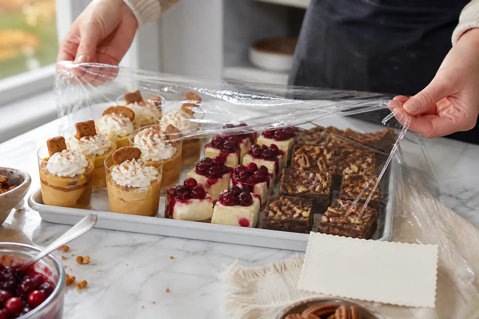 Pumpkin mousse cups, cranberry cheesecake bites, and chocolate pecan bars being covered for refrigeration.