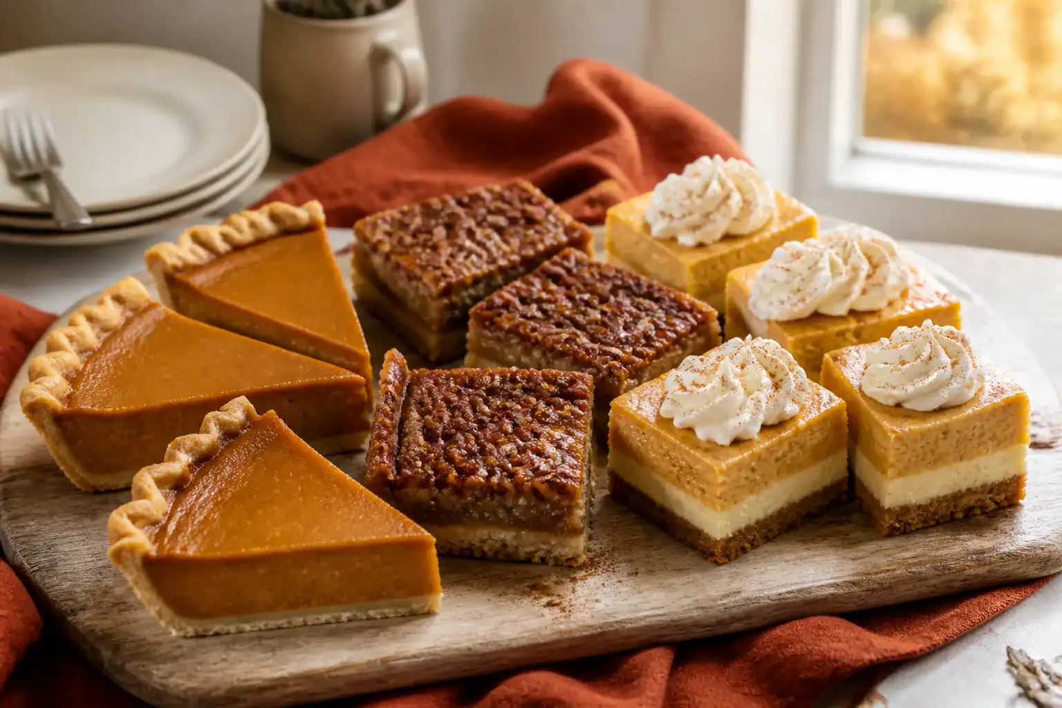 Pumpkin pie slices, pecan pie bars, and pumpkin cheesecake bars on a serving board.