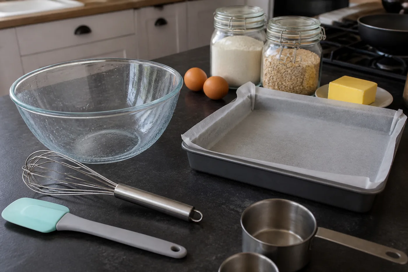 Clean mixing bowl, separate utensils, gluten-free flour blend, oats, parchment, and washed baking pan arranged for careful holiday baking.