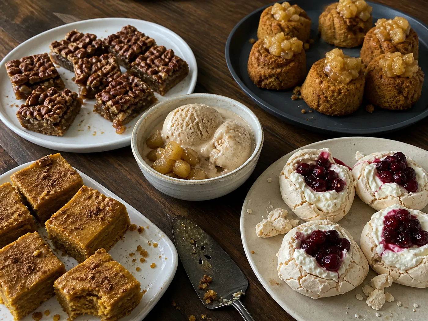 Pecan pie bars, mini apple cider cakes, pumpkin mochi bars, cranberry meringue nests, and cinnamon ice cream with apple compote.