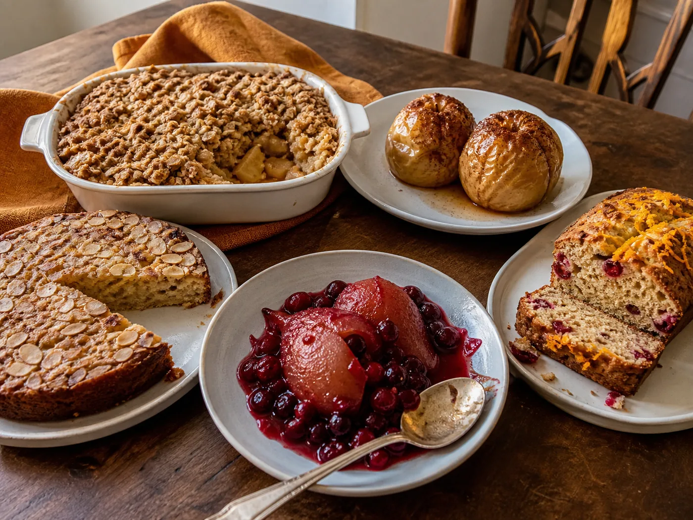 Apple crisp, baked apples, pear almond cake, poached pears, and cranberry orange cake for a gluten-free Thanksgiving.