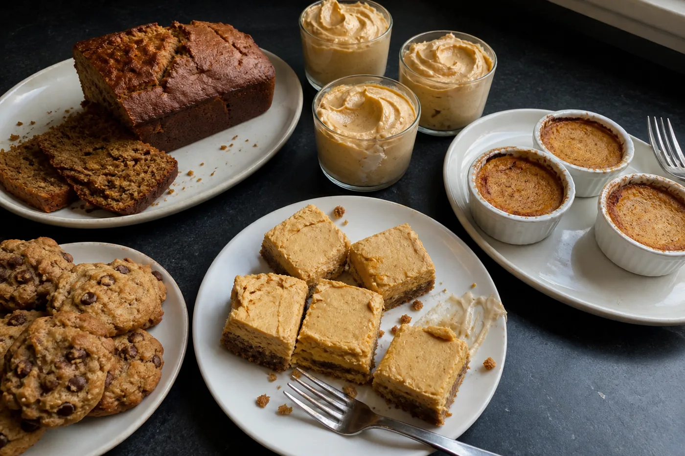 Pumpkin cheesecake bars, pumpkin mousse cups, pumpkin loaf, baked custard cups, and gluten-free pumpkin cookies.