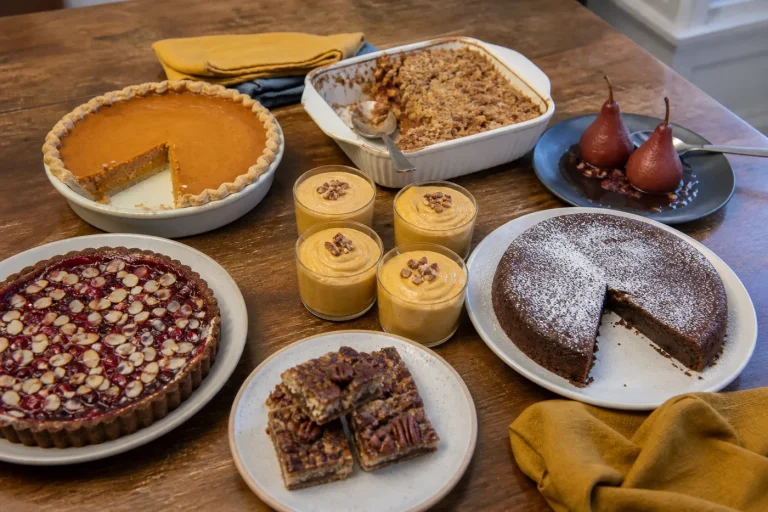 Gluten-free Thanksgiving dessert table with pumpkin pie, apple crisp, flourless chocolate cake, cranberry tart, mousse cups, pecan bars, and poached pears.