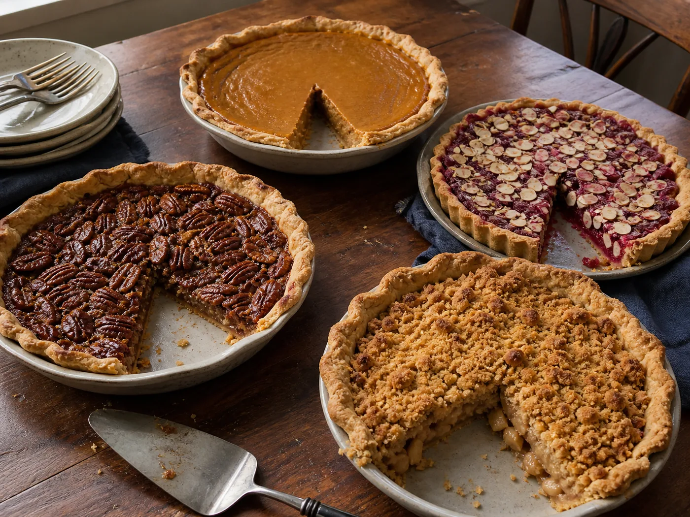 Gluten-free pumpkin pie, maple pecan pie, apple crumble pie, and cranberry almond tart on a Thanksgiving table.