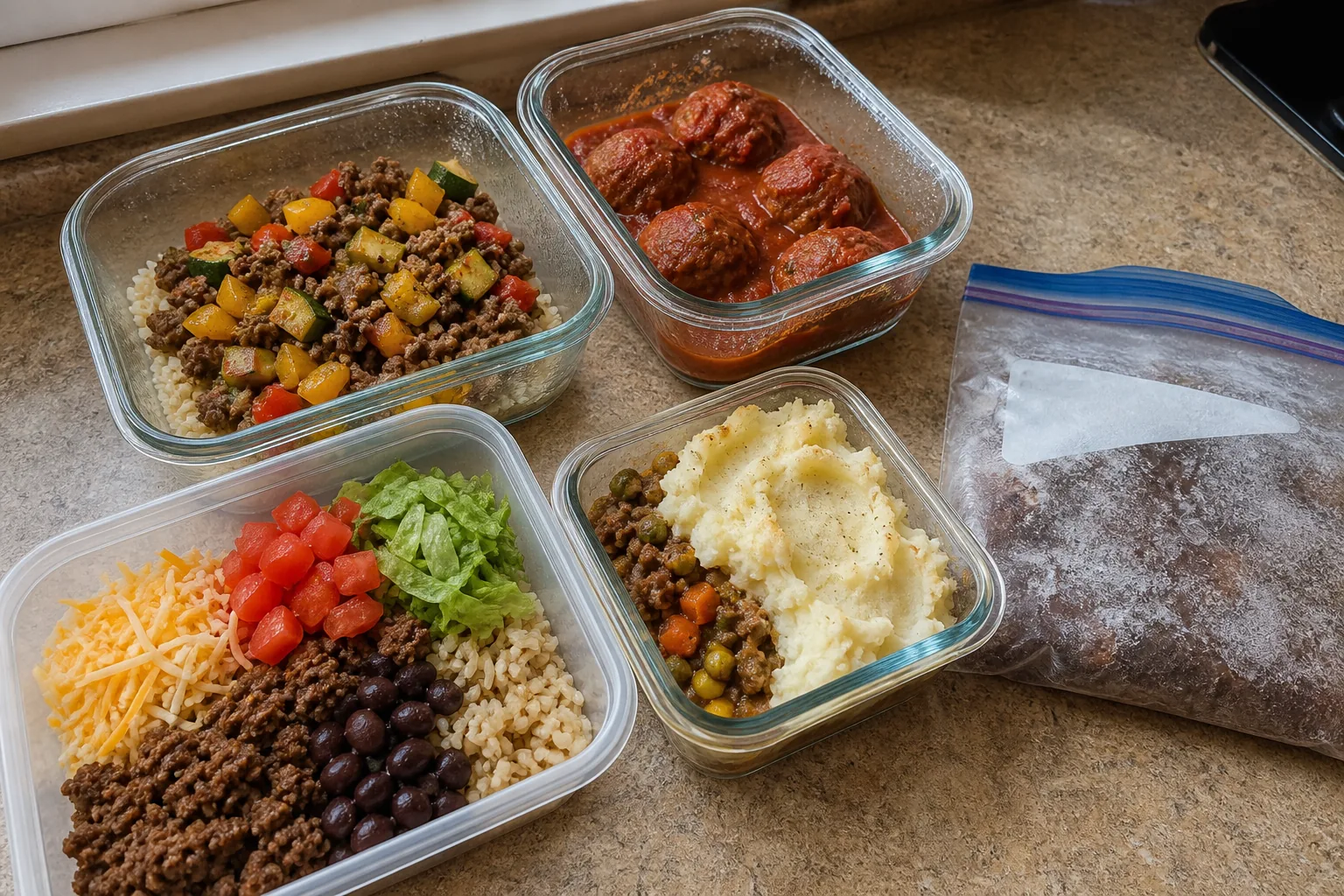 Four glass containers with vegetable beef skillet, meatballs, taco bowl components, and cottage pie.