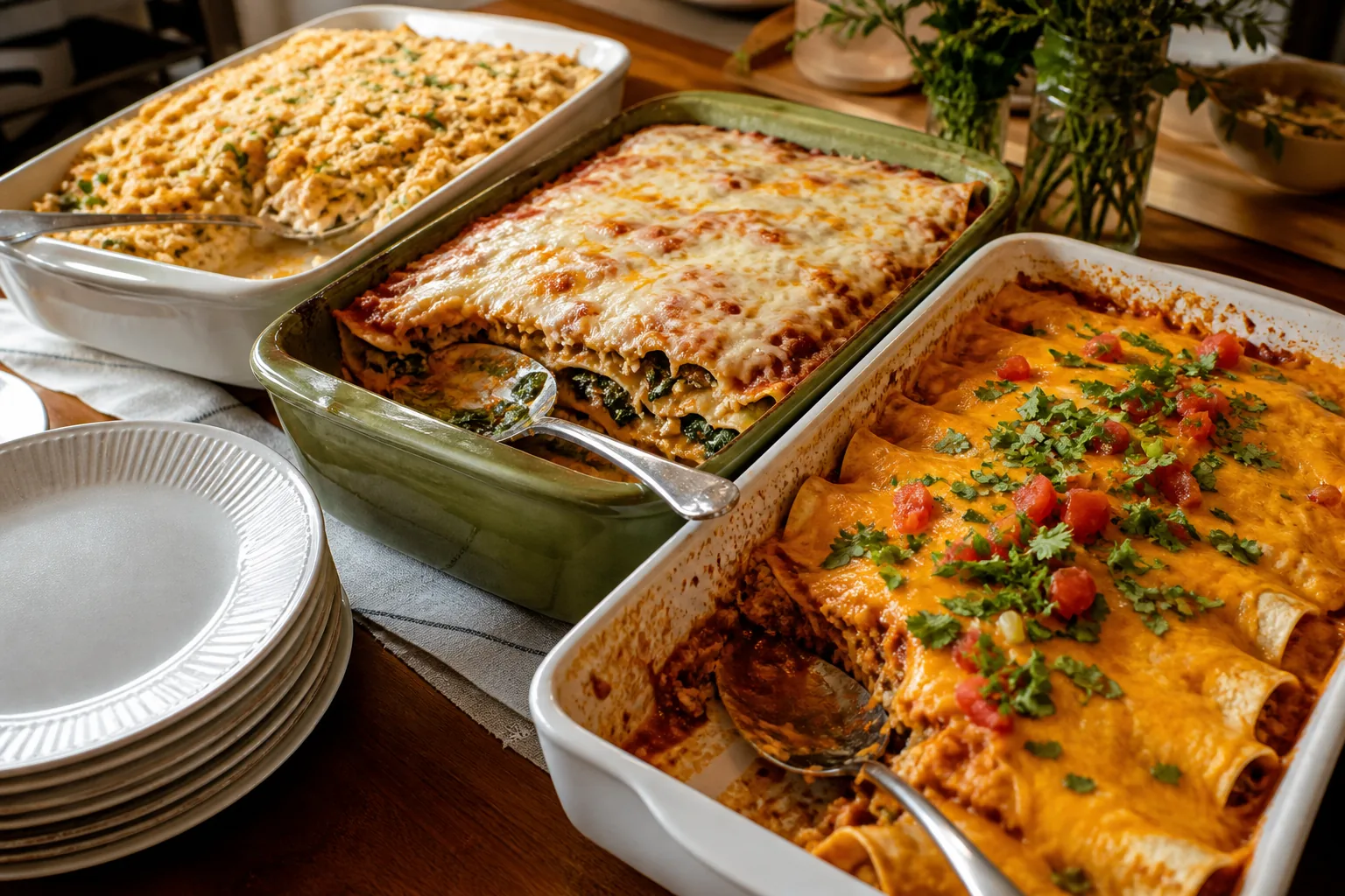 Chicken and rice casserole, vegetable lasagna, and baked enchiladas arranged buffet-style with serving spoons.