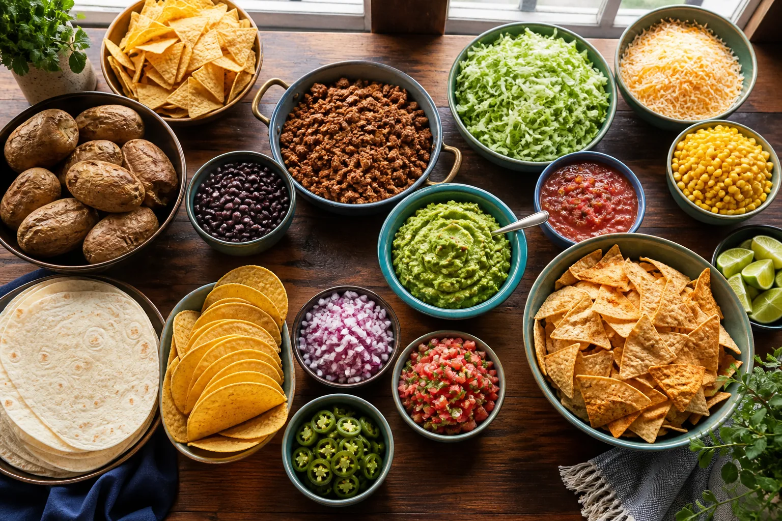 Taco, nacho, and baked potato bar with meat, beans, lettuce, salsa, guacamole, cheese, corn, tortillas, chips, and potatoes.