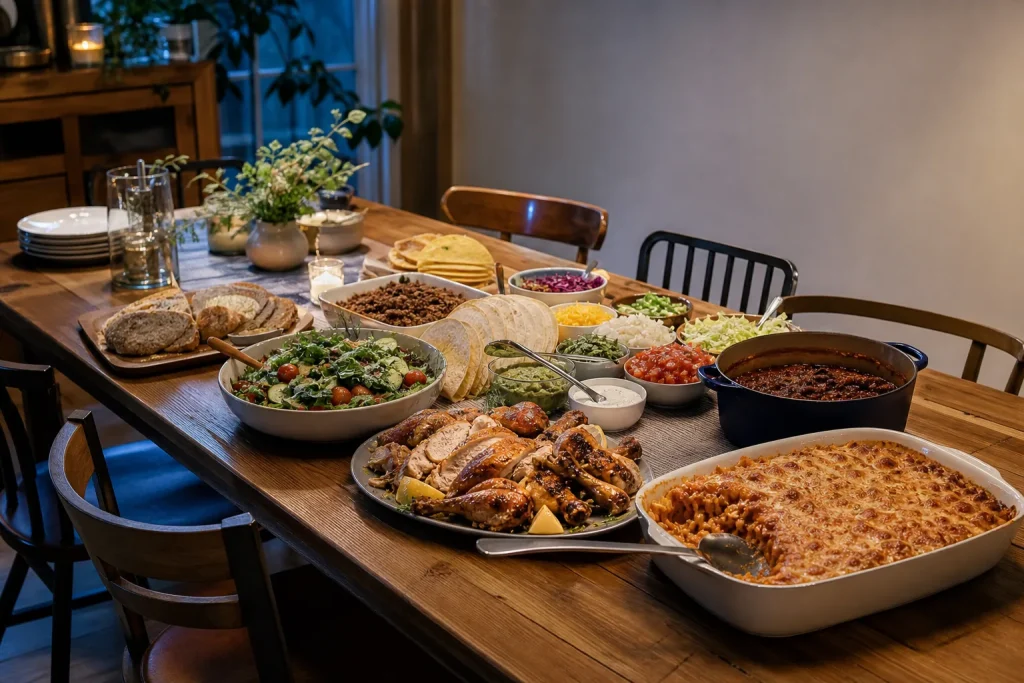 Buffet-style group dinner for eight to ten with baked pasta, roast chicken, salad, bread, taco toppings, and chili.